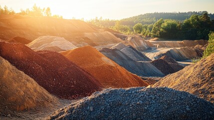 A vibrant landscape showing various mounds of colored earth and gravel, illuminated by warm sunlight, surrounded by trees and hills in the background.