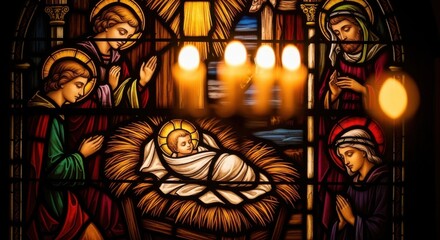 Artistic stained glass window with a depiction of the Nativity scene, symbolizing faith and Christmas