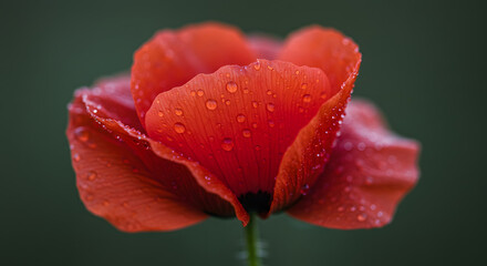 Crimson Poppy: A close-up of a vibrant, delicate poppy flower, its petals glistening with fresh dewdrops, captured with photorealistic detail against a soft, blurred background.