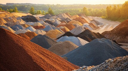 Fototapeta premium A panoramic view of colorful piles of various types of gravel and sand at a mining site, illuminated by warm sunlight in a natural landscape.