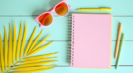 Pastel Pink Notebook, Yellow Palm Leaf, Sunglasses: Summer Planner Mockup