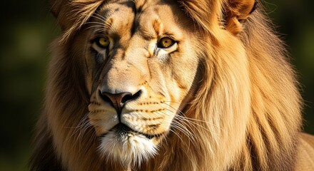 Fototapeta premium Majestic lion portrait with golden mane, intense gaze, and powerful presence.