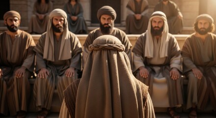 Naklejka premium A group of men in ancient biblical attire sitting and listening, seen from behind one man. Religious teaching or gathering concept.