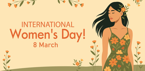 International Women's Day 8 March with place for text. Vector horizontal holiday card to Young beautiful Asian girl in flowers. Feminism, women empowerment, gender equality