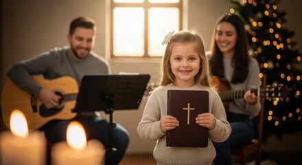 Little girl smiling and holding a holy bible, with musicians performing behind her. Family worship and prayer time at Christmas for religious concept. © Svitlana Vorotniak