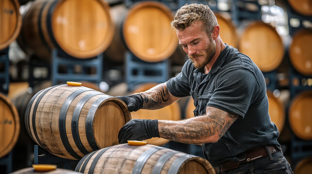 A skilled cooper crafting wooden barrels in a traditional workshop