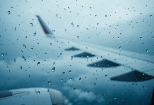 Raindrops form abstract patterns on airplane window, framing aircraft wing and dramatic overcast clouds. Atmospheric travel scene ideal for aviation, weather, and moody landscape themes.
