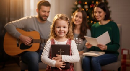 A little girl smiles, holding a bible with a cross, christian family in background playing music. Catholic family singing hymns for Christmas.