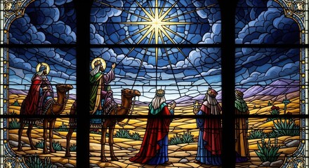 Stained glass window depicting men known as the Three Kings following the Star of Bethlehem. Religious nativity scene artwork for church decoration.