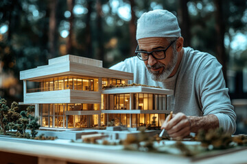 Architect working on a detailed building model, architectural development project