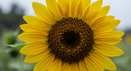 Naklejka premium Sunflower in Bloom: A close-up captures a vibrant sunflower in full bloom, showcasing its intricate seed head and bright yellow petals, a testament to nature's artistry.