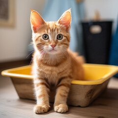 A compliant cat. Potty training your animal. rests in a litter box indoors.