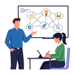 Business Brainstorm Session: A collaborative scene where a presenter and a participant exchange ideas. The bright ambiance captures the essence of innovation and teamwork.