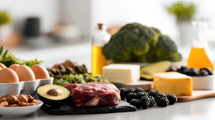 Variety of healthy foods arranged on a kitchen counter