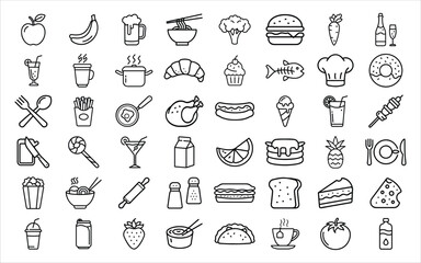 Collection of hand drawn food and drink icons in a grid pattern