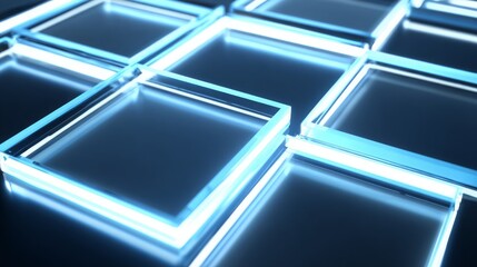 Abstract blue background with glowing glass squares and luminous lines symbolizing digital technology, continuous future trend, modern vector design with bright minimal futuristic concept.