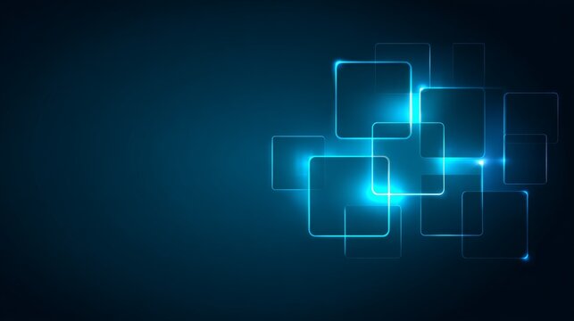 Abstract blue background with glowing glass squares and luminous lines symbolizing digital technology, continuous future trend, modern vector design with bright minimal futuristic concept.