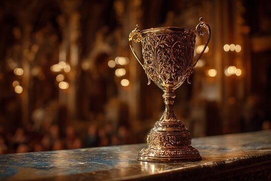 Gilded award gleams on plush stand symbolizing sophistication of recognition event  
