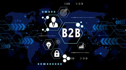 Global B2 B business strategy digital interface with icons for success growth security and innovation on a blue dot world map background with futuristic tech elements and data visualization - Powered by Adobe