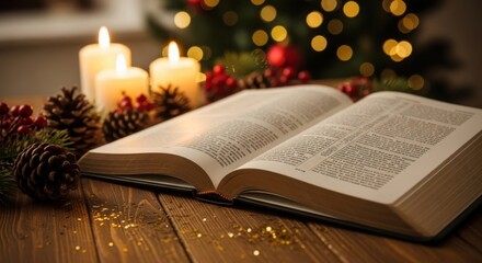 Open holy bible on rustic wooden table with lit candles and festive christmas decoration, spiritual book for Christian devotion.