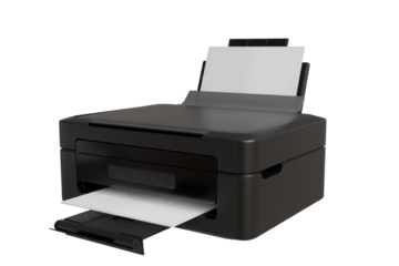  black all-in-one printer sits angled, showcasing its input and output trays.  A single sheet of white paper is partially fed into the printer, ready for printing or scanning. 
