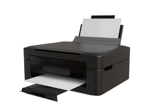  black all-in-one printer sits angled, showcasing its input and output trays.  A single sheet of white paper is partially fed into the printer, ready for printing or scanning. 
