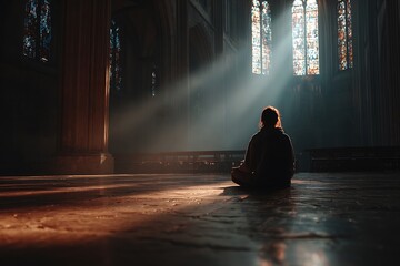 Man engaged in transcendental state inside mildly luminous house of god expressing calmness and holiness  
