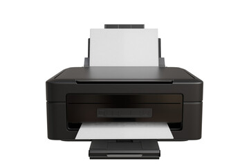 black inkjet printer is depicted in a 3D rendering, showcasing a blank sheet of paper in the input tray and another exiting the output tray. 