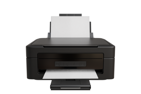 black inkjet printer is depicted in a 3D rendering, showcasing a blank sheet of paper in the input tray and another exiting the output tray. 