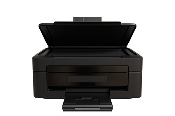 black all-in-one printer with its top cover open, revealing the scanner bed.  The paper tray is extended at the bottom.  It has a minimalist design, suggesting functionality and efficiency