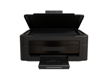 black all-in-one printer with its top cover open, revealing the scanner bed.  The paper tray is extended at the bottom.  It has a minimalist design, suggesting functionality and efficiency