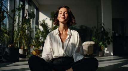 Woman meditating in sunlit room