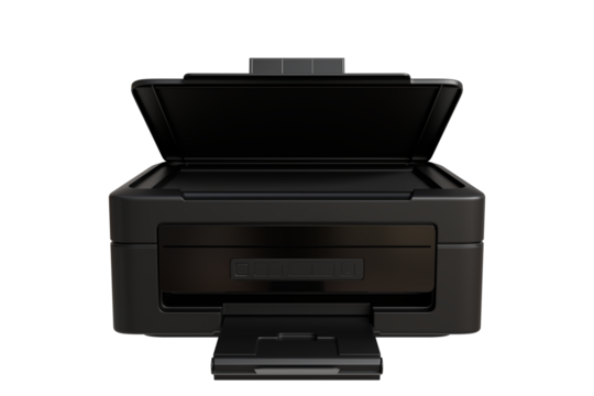 black all-in-one printer with its top cover open, revealing the scanner bed.  The paper tray is extended at the bottom.  It has a minimalist design, suggesting functionality and efficiency