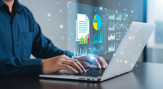 Analyzing Financial Data and Business Performance Metrics on a Laptop with Futuristic Technology Interface