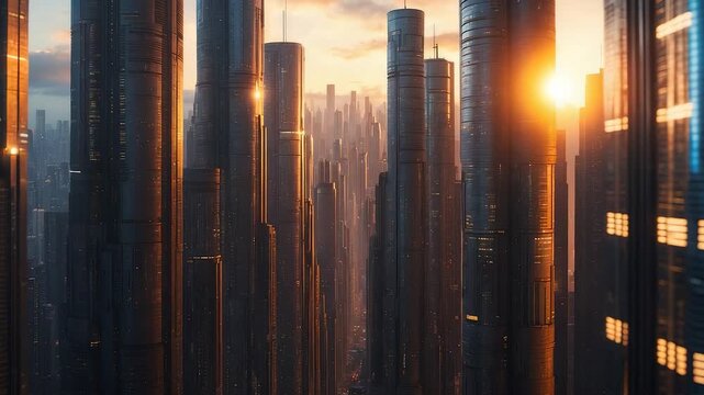 Futuristic city skyline with towering skyscrapers and glowing windows at sunset creating dramatic urban landscape with golden evening light