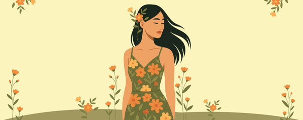 Vector horizontal holiday card for International Women's Day on March 8 with space for text. Young Asian girl in flowers. Feminism, women empowerment, gender equality