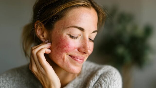 Woman with Rosacea Smiling Gently at Home