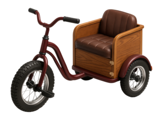 Retro tricycle with a wooden cabin and leather seat upholstery