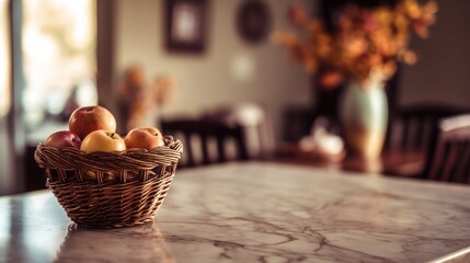 A wicker basket of apples on a marble countertop in a home