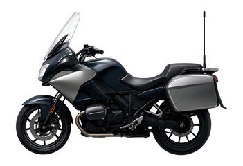 Law enforcement motorcycle with large windshield and radio antenna