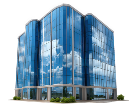 Modern office building with reflective glass facade, blue sky and clouds mirrored on windows, contemporary architecture, urban business center, clean and professional appearance