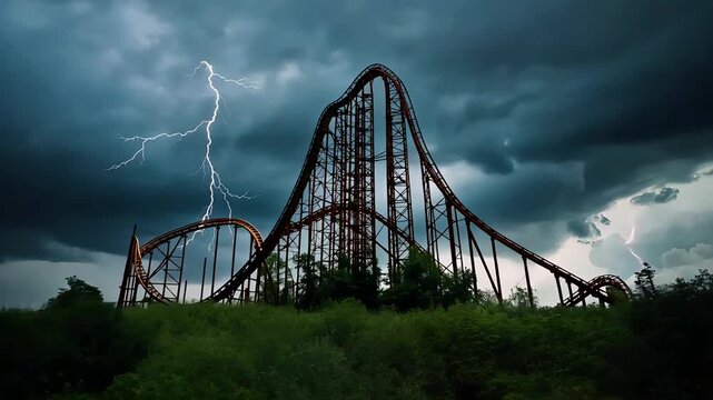 Dramatic roller coaster structure rising above forest with storm clouds and bright lightning striking sky