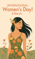 Vector vertical holiday card for International Women's Day on March 8 with space for text. Young beautiful Asian girl in flowers. Feminism, women empowerment, gender equality