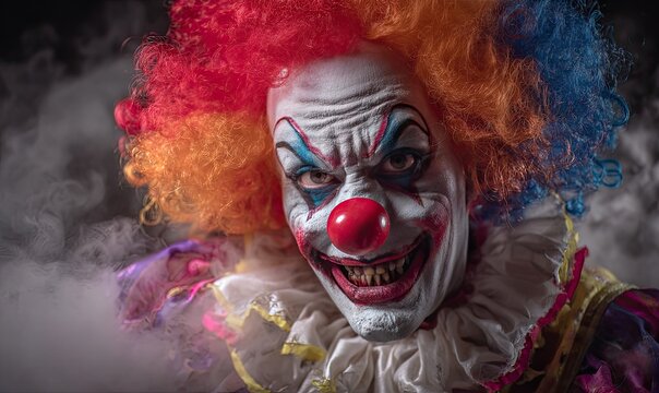 A clown with a red, blue, and yellow wig and a white face