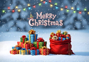 Merry Christmas illustration with a Christmas tree icon, gift piles, and Santa sack in snowy woods greeting
