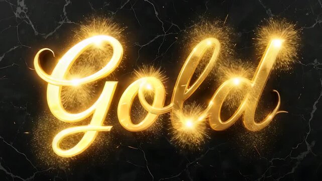 Shiny cursive &ldquo;Gold&rdquo; text in metallic golden tones with glowing sparkles on a dark marble background, ideal for luxury branding, premium design, elegance, and high-value promotions