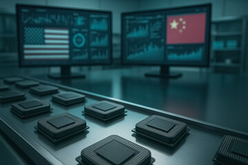 Global Technology Landscape: A stylized image of a modern high-tech facility, where a conveyor belt carries microchips.