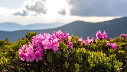 Pink rhododendron flowers mountain view