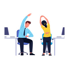 Office Exercise: A modern vector illustration of two individuals stretching at their desk, embracing a wellness-focused lifestyle