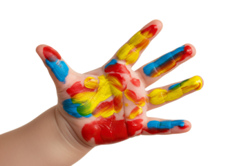 Colorful painted childs hand on transparent background